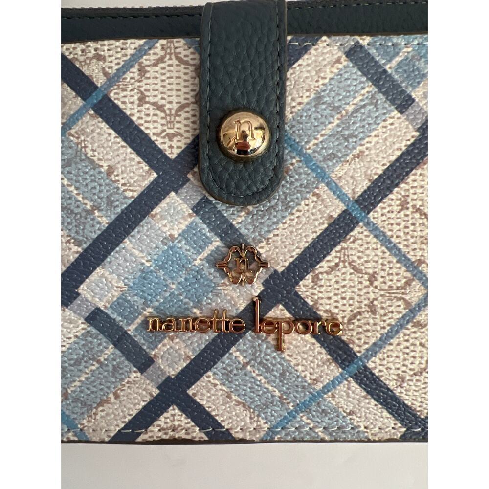 Nanette Lepore Crossbody Purse Wallet Blue Cream Gold - Picture 6 of 13
